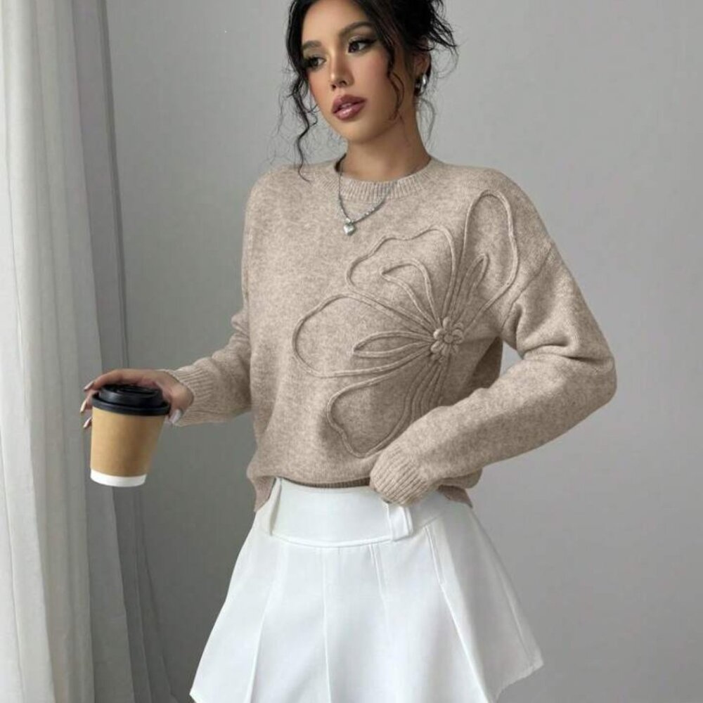 Crew Neck Floral Pattern Solid Color Pullover Swe… - image 3